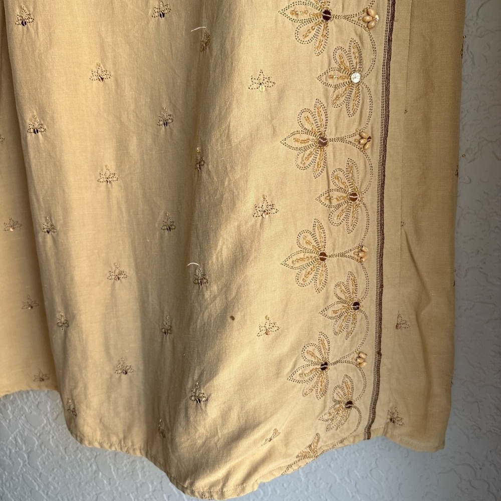 Vintage Womens 10 Silk Linen Midi Skirt Tan Embroidered Beaded Sequin A-Line - Picture 2 of 10
